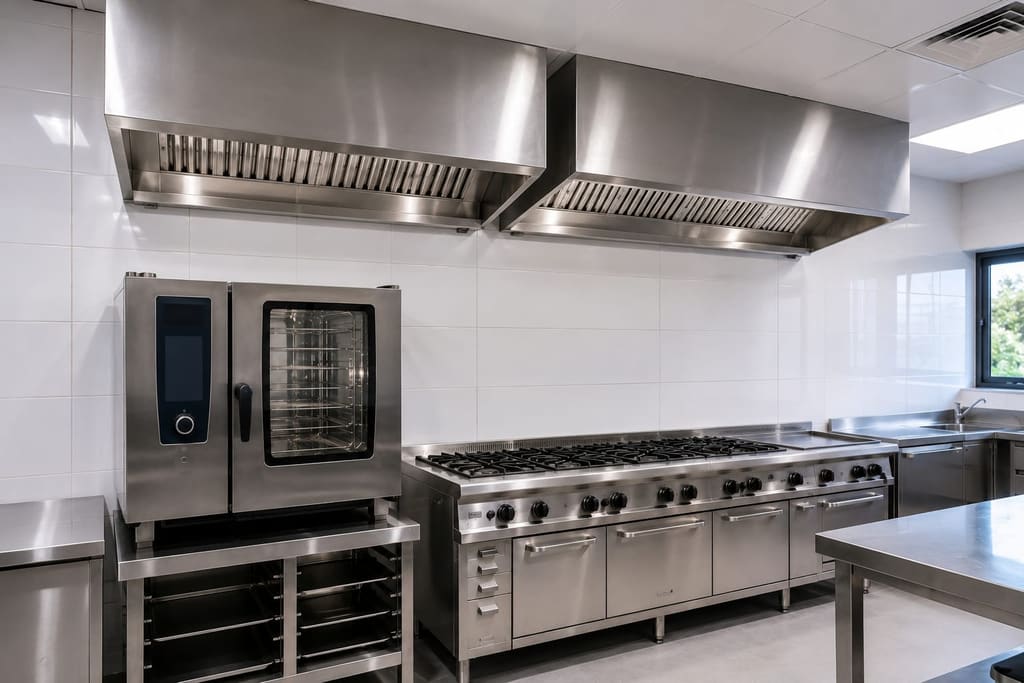 Stainless steel extraction canopy hood and ductwork fabricated by Beyond Commercial Kitchen