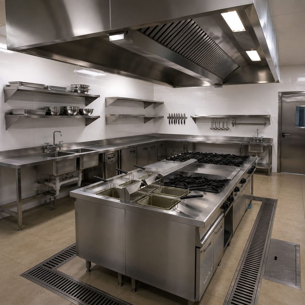 Custom stainless steel hot kitchen cooking line fabricated by Beyond Commercial Kitchen