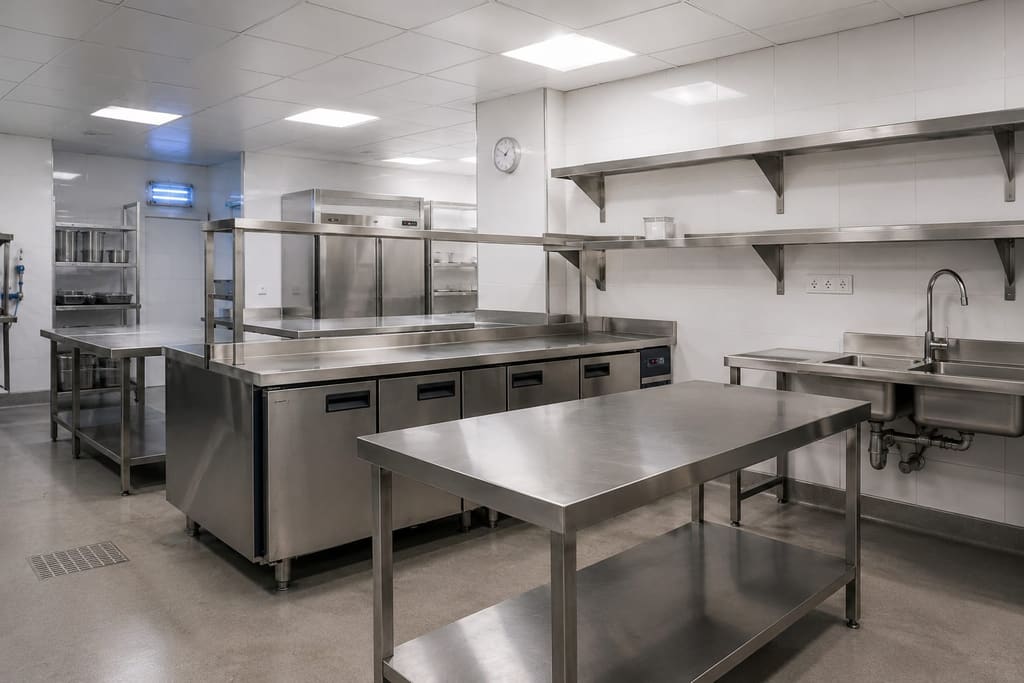 Custom stainless steel food preparation area fabricated by Beyond Commercial Kitchen