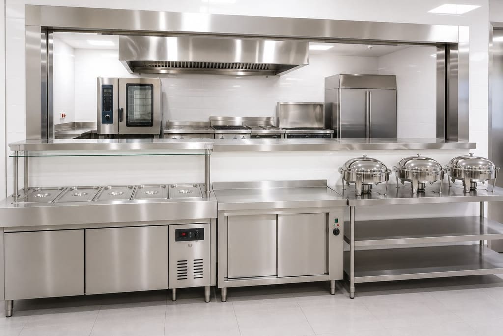 Custom stainless steel servery area fabricated by Beyond Commercial Kitchen