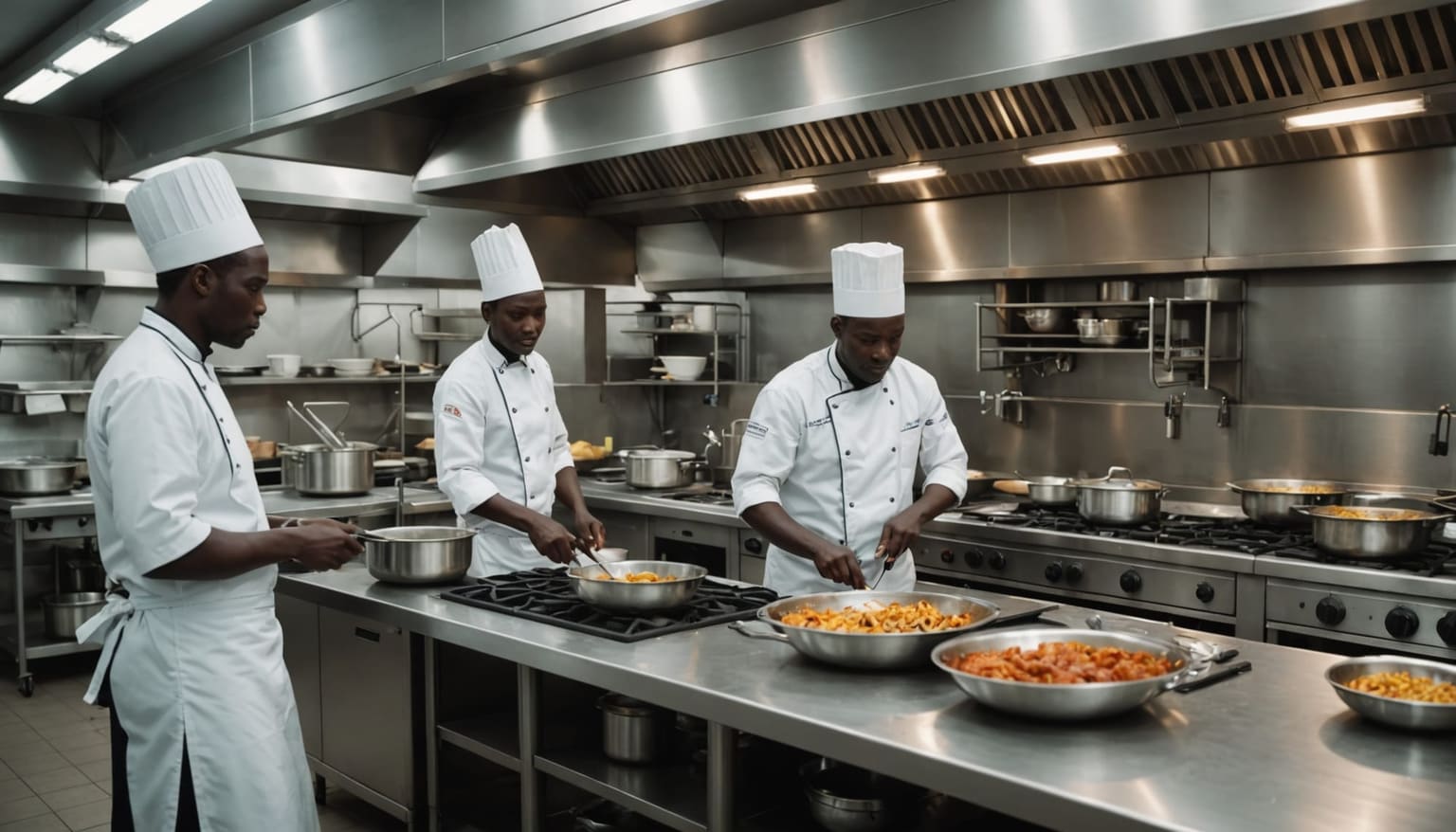 Professional commercial kitchen interior in Kenya with stainless steel equipment and African kitchen staff