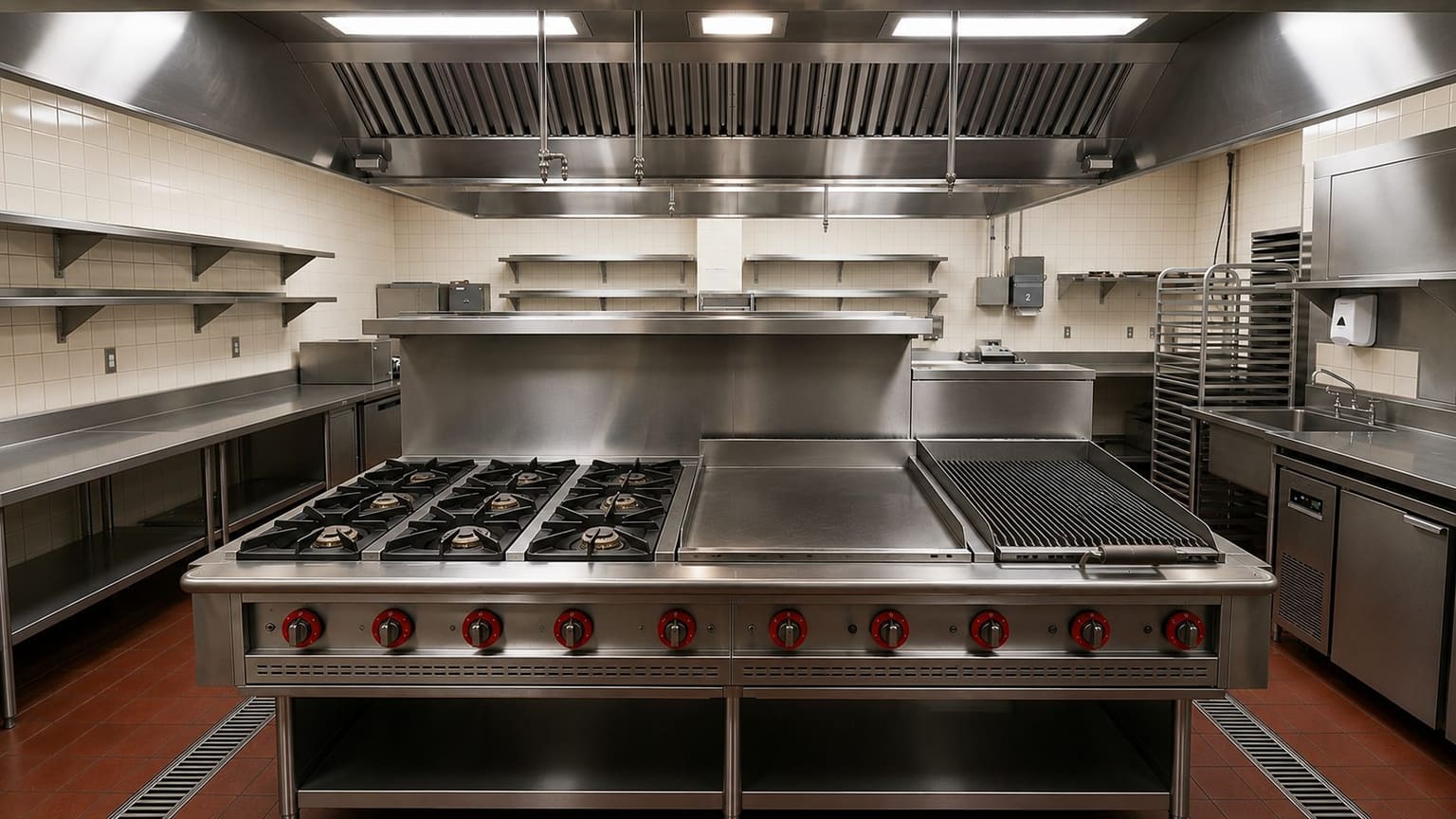 Stainless steel commercial cooking line with integrated prep and service equipment — Beyond Commercial Kitchen Kenya