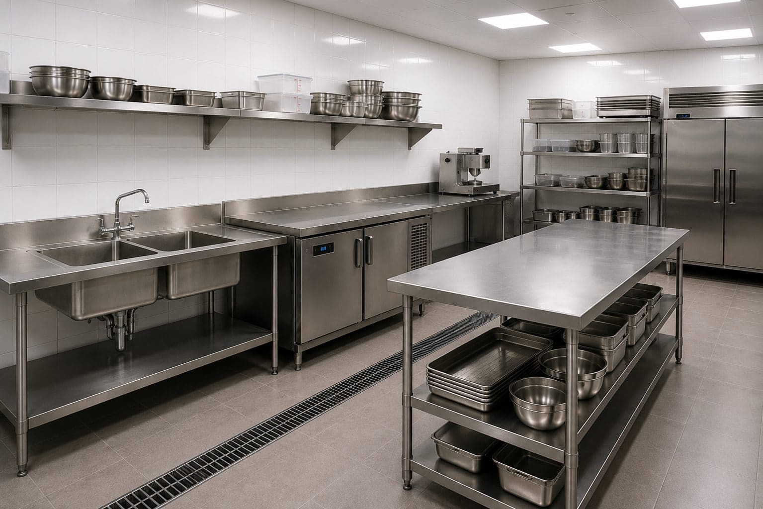 Installed commercial kitchen with stainless steel counters and equipment