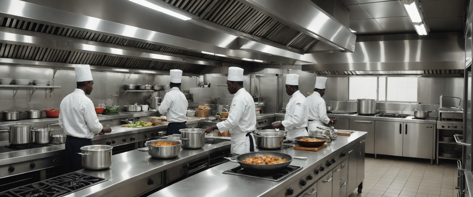 Panoramic commercial kitchen interior with stainless steel stations and an African chef brigade