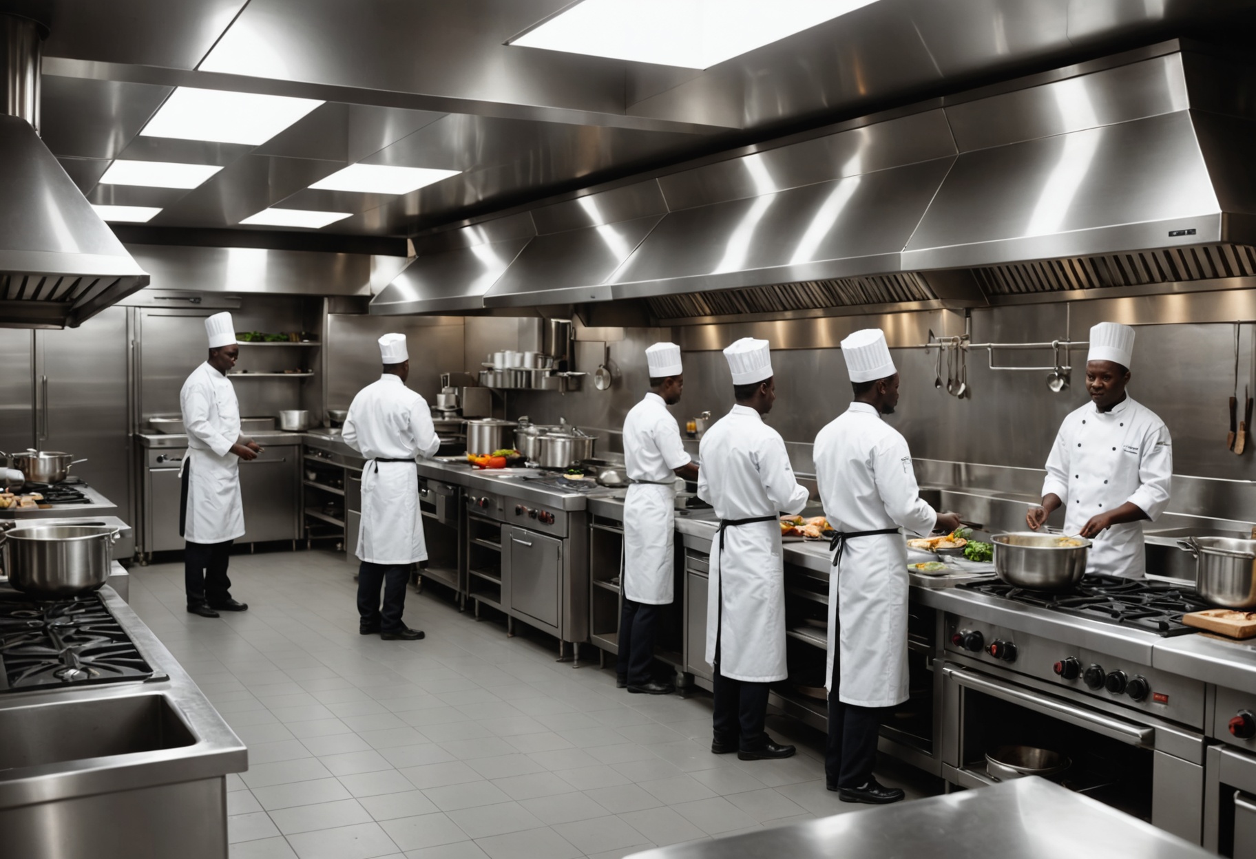 Installed commercial kitchen with stainless steel counters, extraction canopy, and African chefs at work
