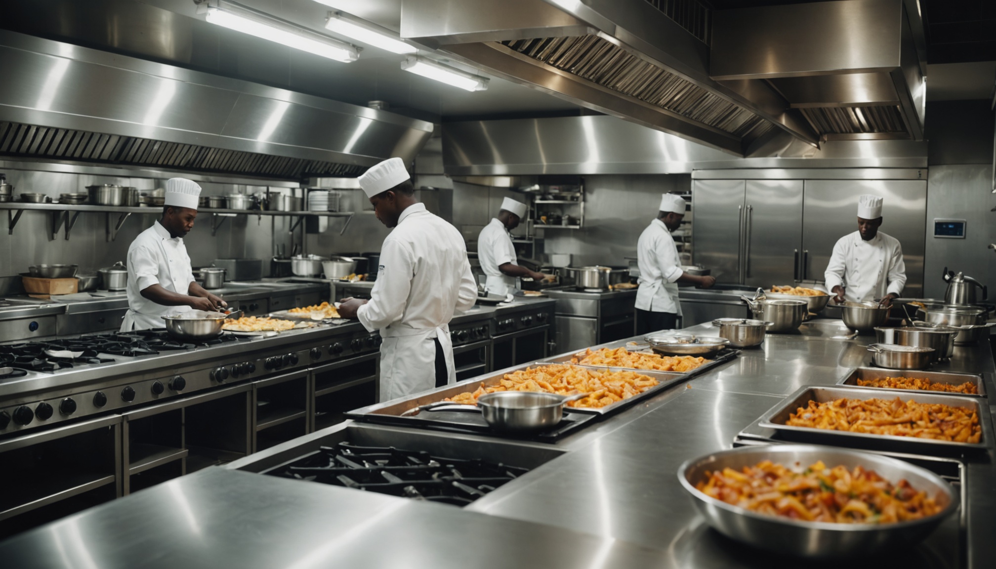 Large Nairobi commercial kitchen with stainless steel service line and African kitchen team