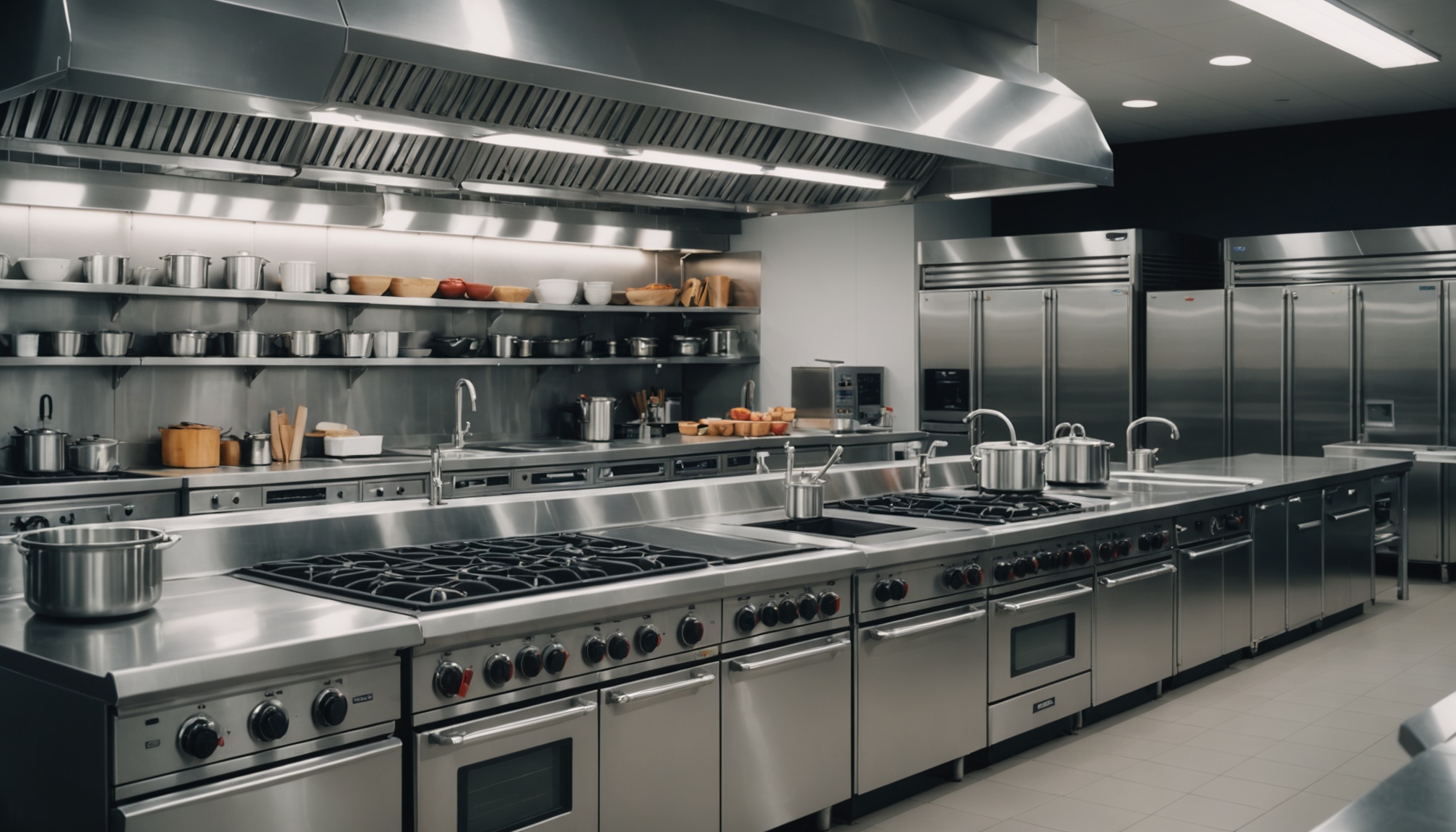 Commercial kitchen equipment showroom with stainless steel ranges, prep tables, and refrigeration units